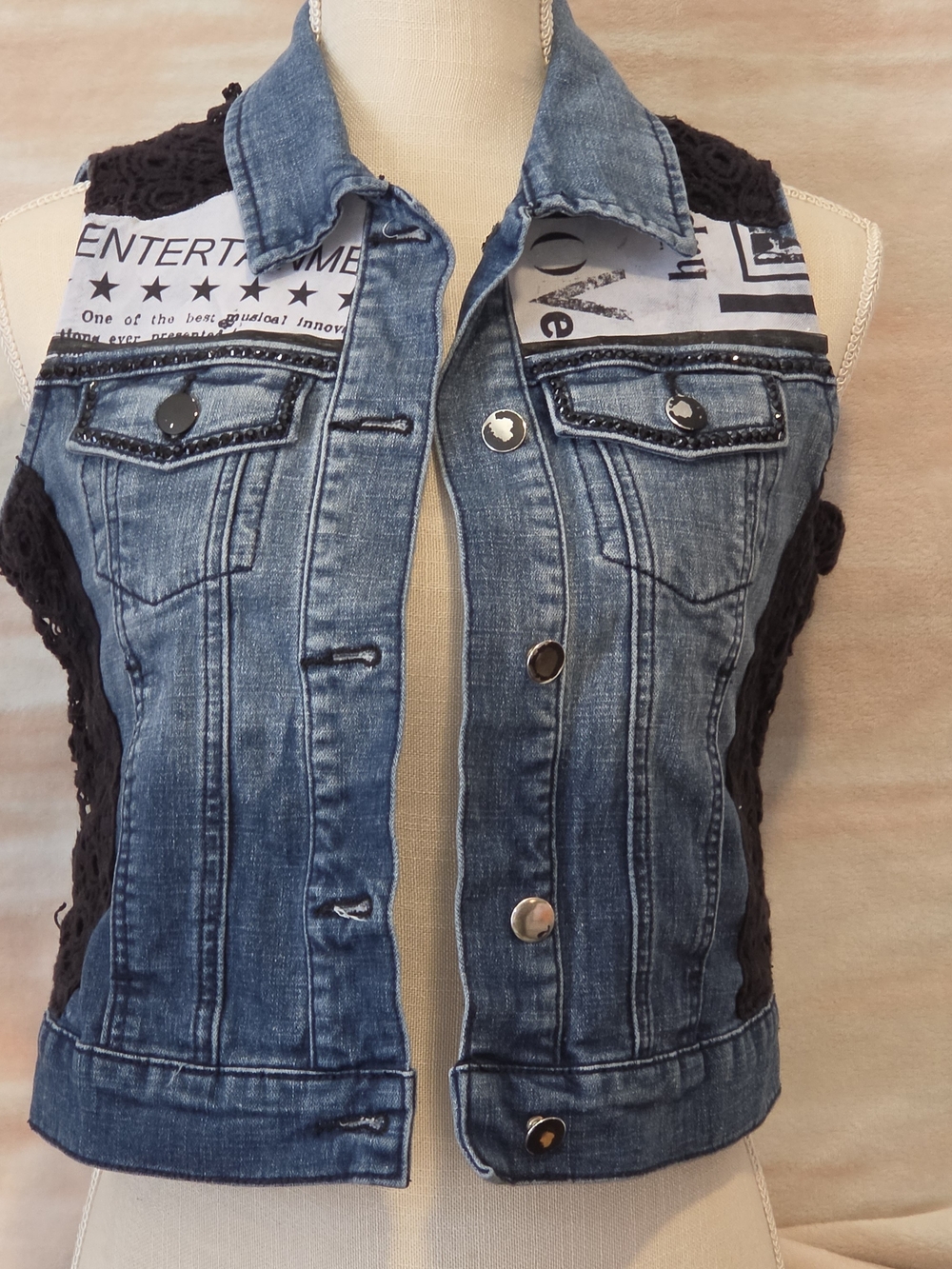 Cruel Denim Crochet-Back Vest in Blue - Womens Jean Vest